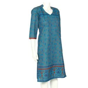Khadi Natural Indian Blue Red Indian Block Print Tribal Tunic Dress Small /6214